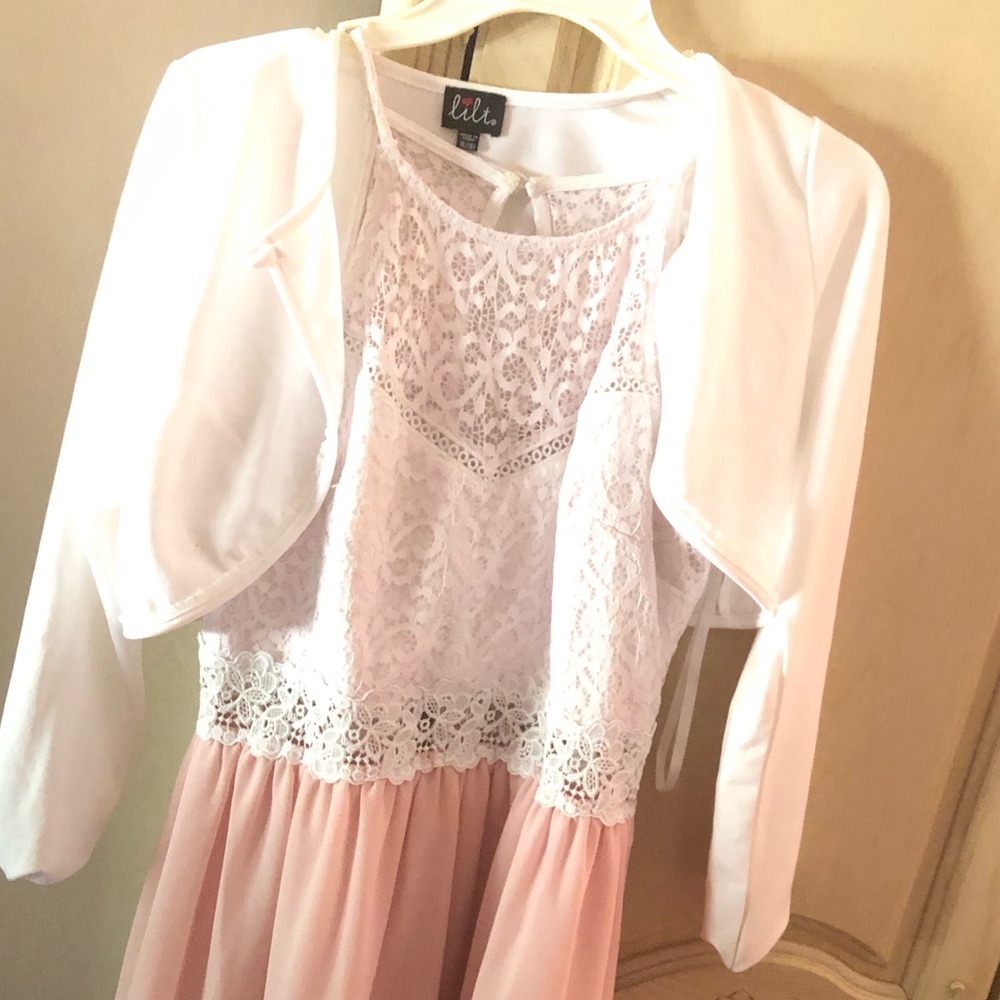Kids pink and white Demi dress. With free cardigan